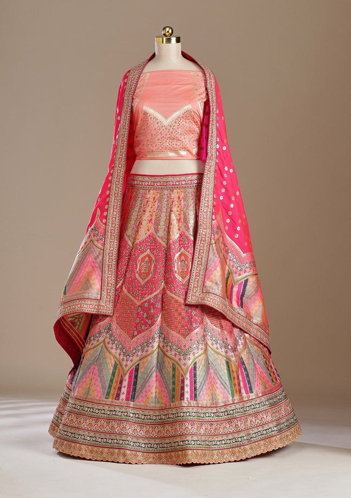 Peach Stonework Banarasi Readymade Lehenga-koskii