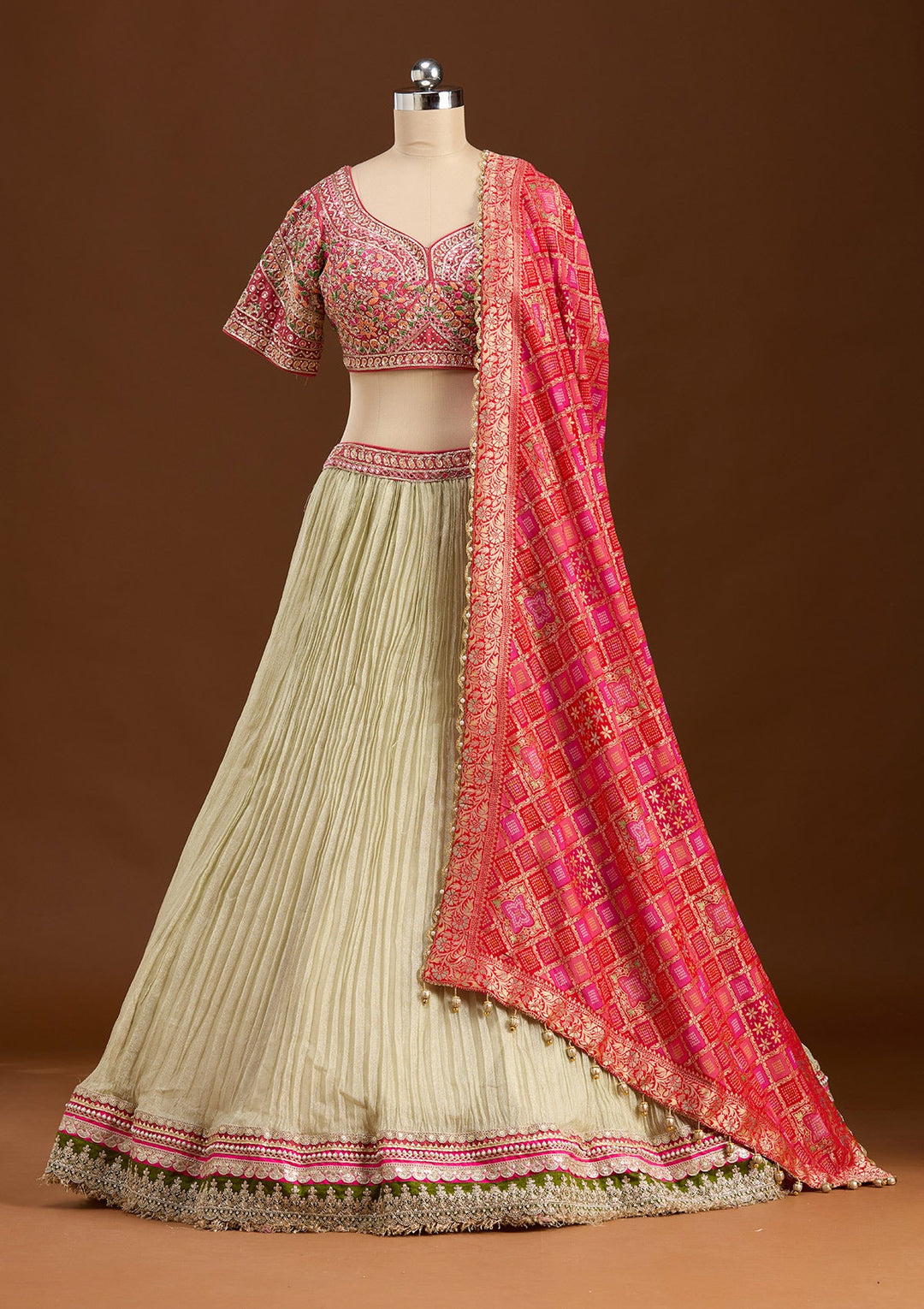 Beige Threadwork Georgette Readymade Lehenga-koskii