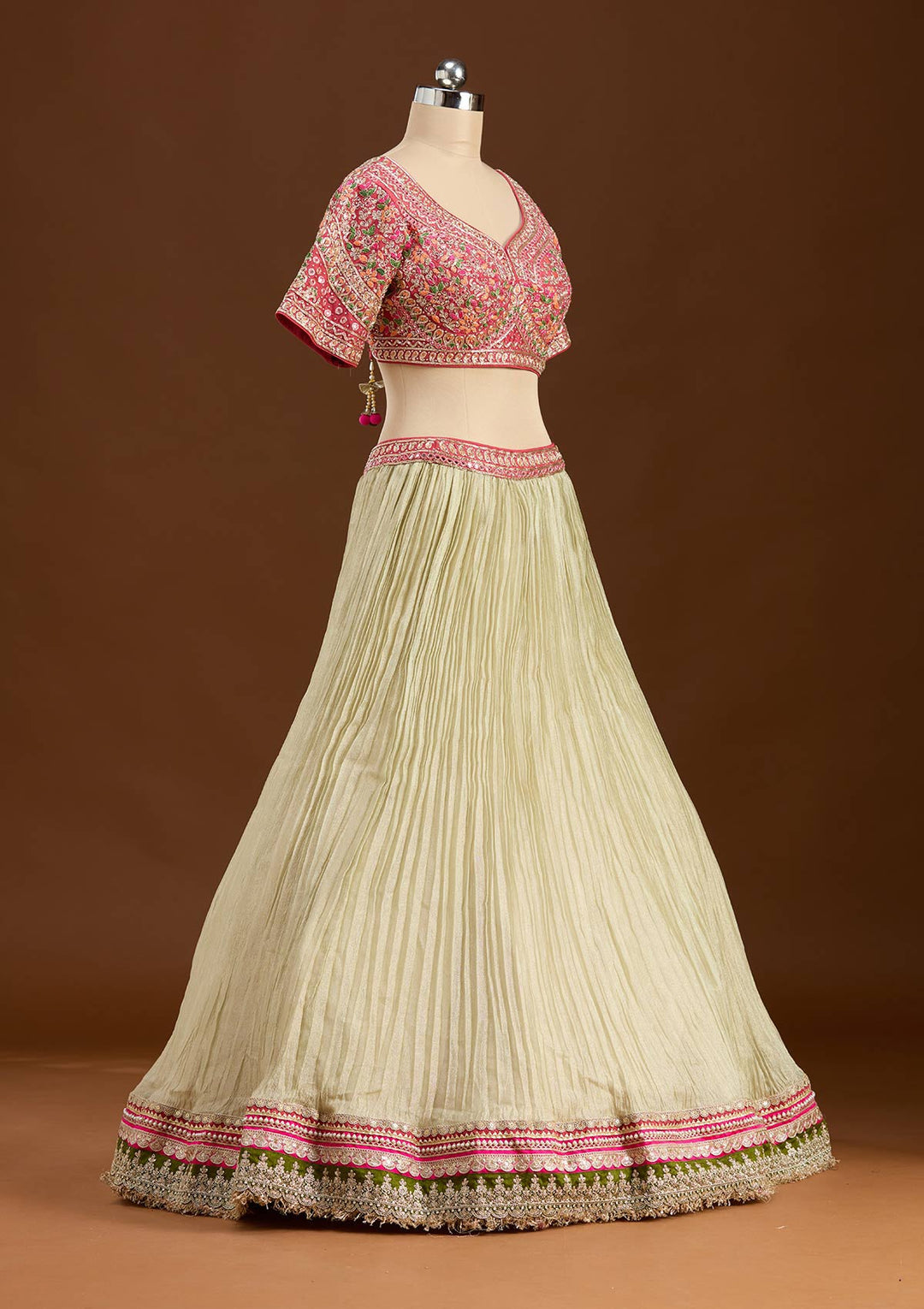 Beige Threadwork Georgette Readymade Lehenga-koskii