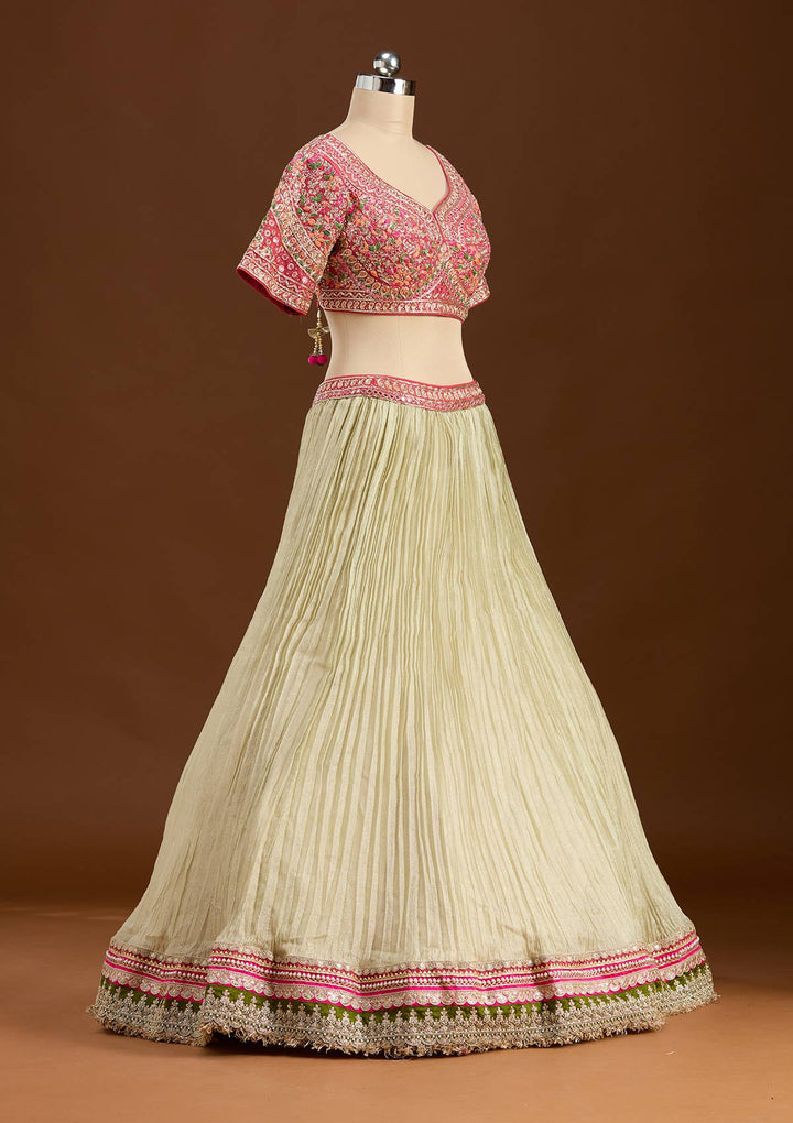 Beige Threadwork Georgette Readymade Lehenga-koskii