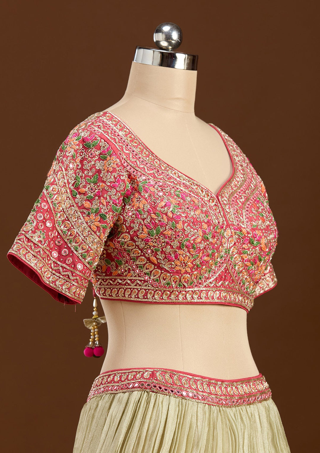 Beige Threadwork Georgette Readymade Lehenga-koskii