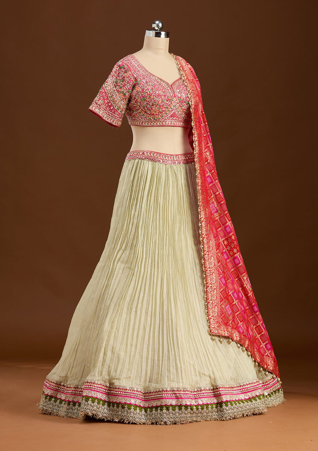 Beige Threadwork Georgette Readymade Lehenga-koskii