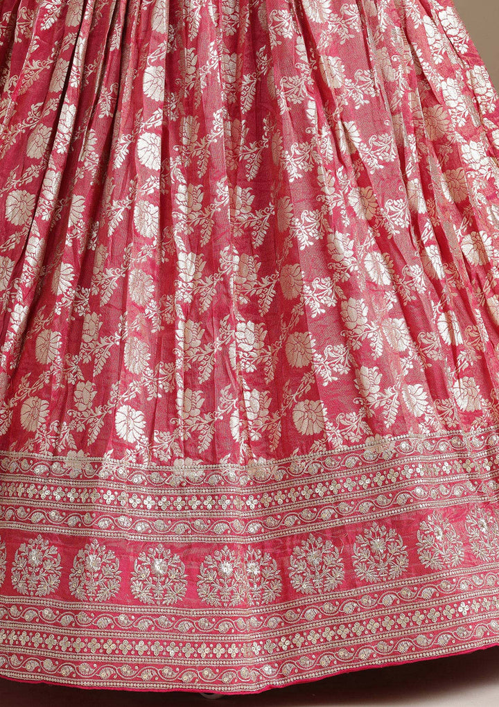 Gajari Pink Cording Banarasi Readymade Lehenga-koskii