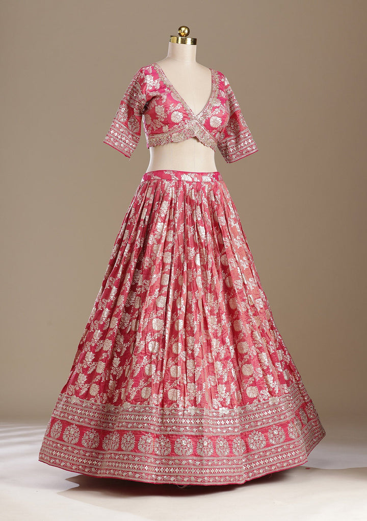 Gajari Pink Cording Banarasi Readymade Lehenga-koskii