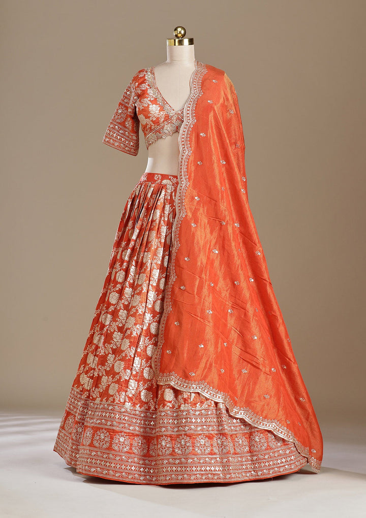 Light Orange Cording Banarasi Readymade Lehenga-koskii