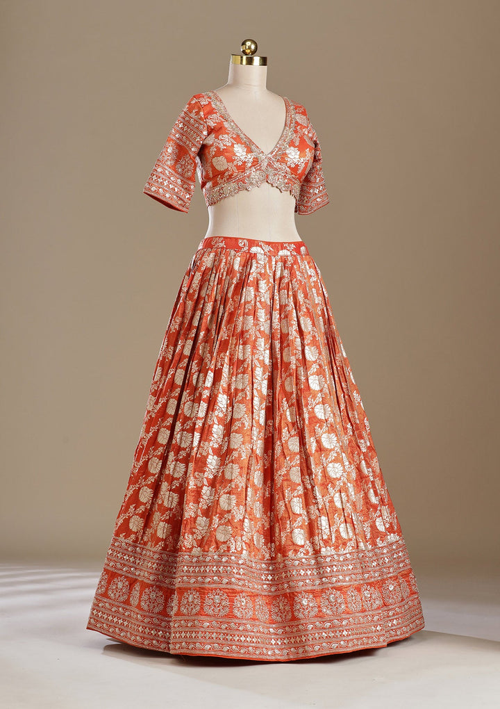 Light Orange Cording Banarasi Readymade Lehenga-koskii
