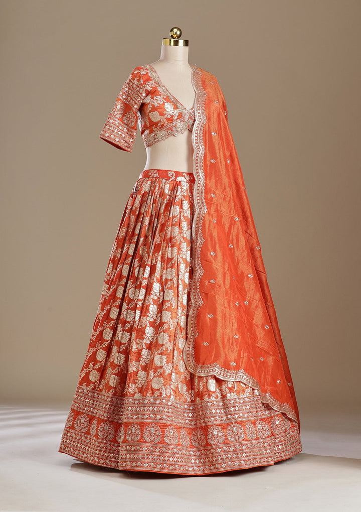 Light Orange Cording Banarasi Readymade Lehenga-koskii