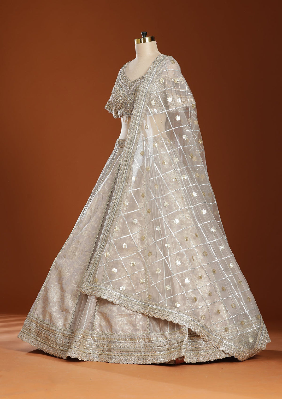 Grey Mirrorwork Organza Readymade Lehenga-koskii