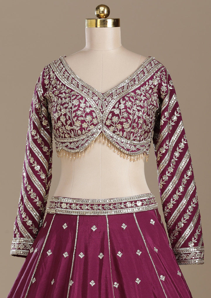 Wine Zariwork (Gold) Soft Raw Silk Readymade Lehenga-koskii