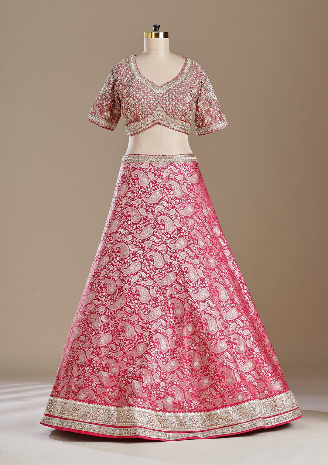 Rani Pink Zariwork (Gold) Banarasi Readymade Lehenga-koskii