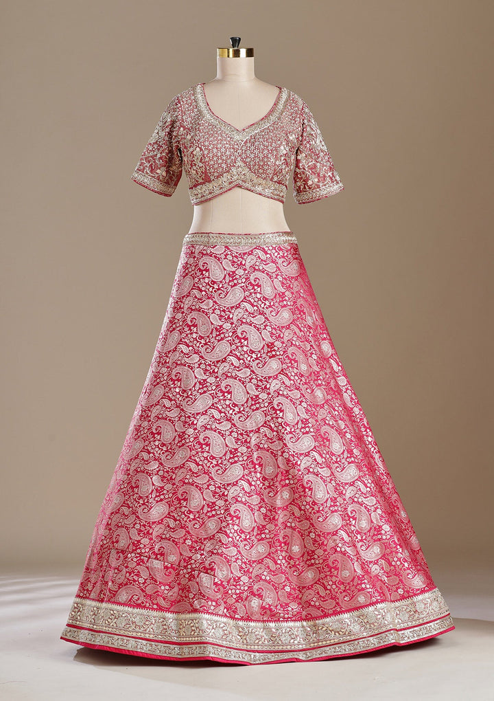 Rani Pink Zariwork (Gold) Banarasi Readymade Lehenga-koskii