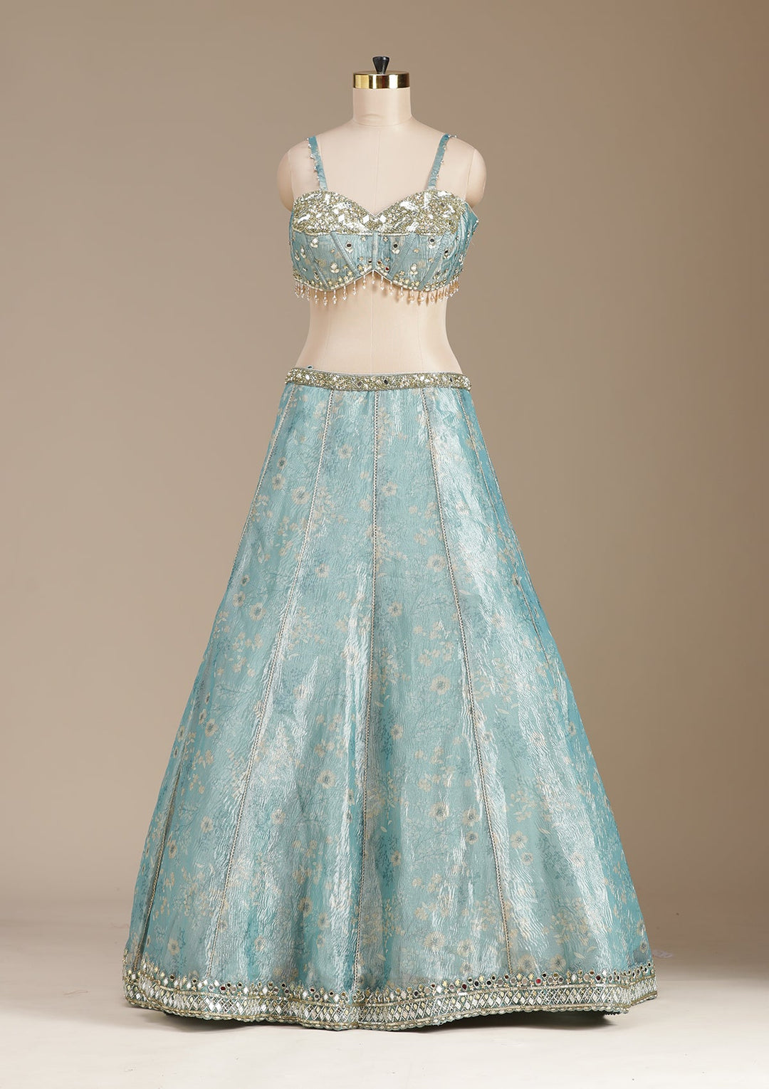 Sea Green Mirrorwork Organza Readymade Lehenga-koskii