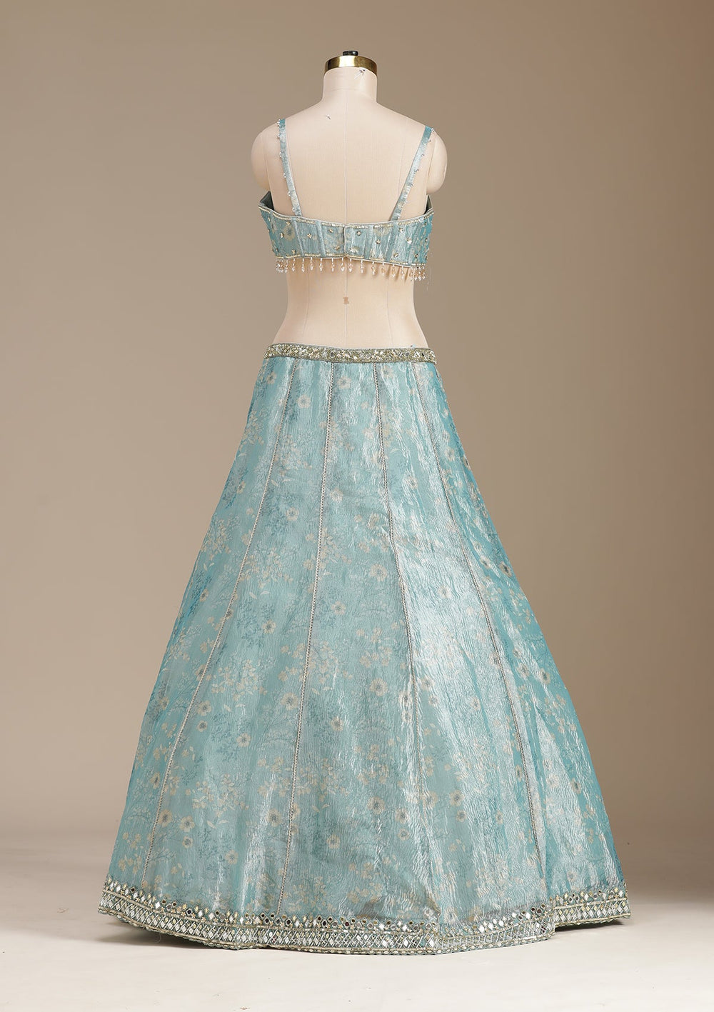 Sea Green Mirrorwork Organza Readymade Lehenga-koskii