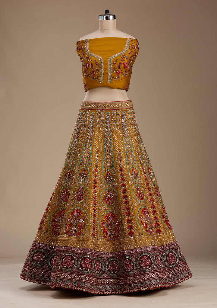 Mustard Zardosi Raw Silk Semi-Stitched Lehenga-koskii