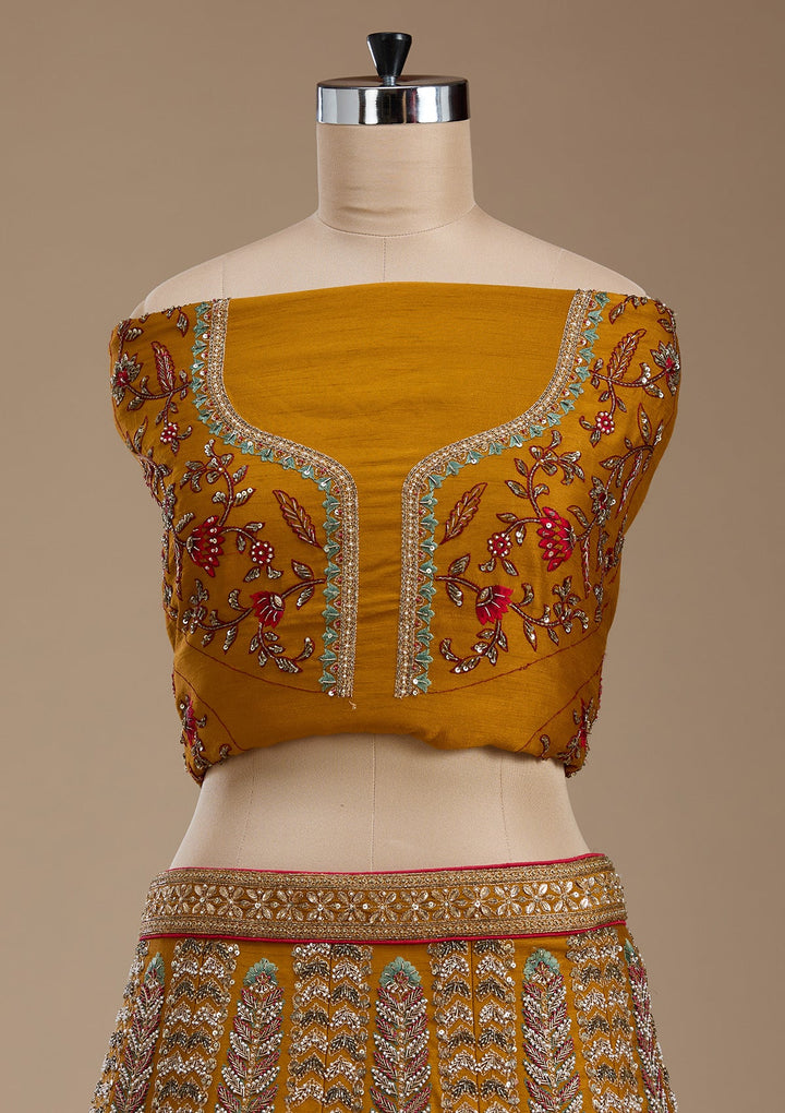 Mustard Zardosi Raw Silk Semi-Stitched Lehenga-koskii