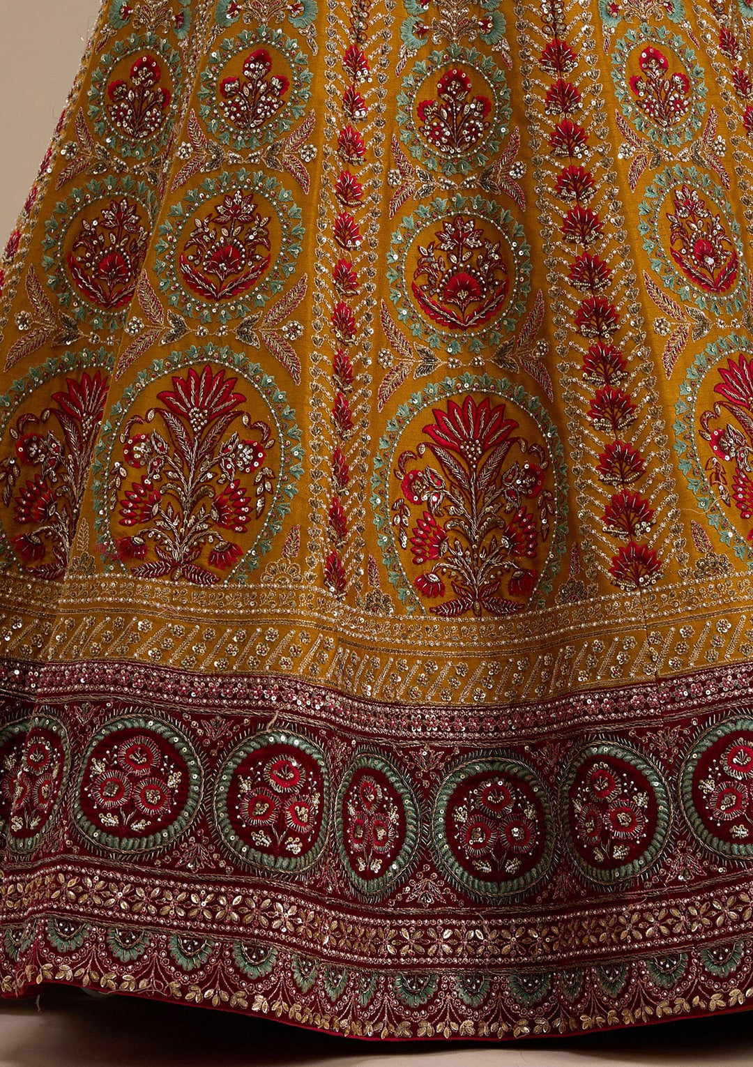 Mustard Zardosi Raw Silk Semi-Stitched Lehenga-koskii