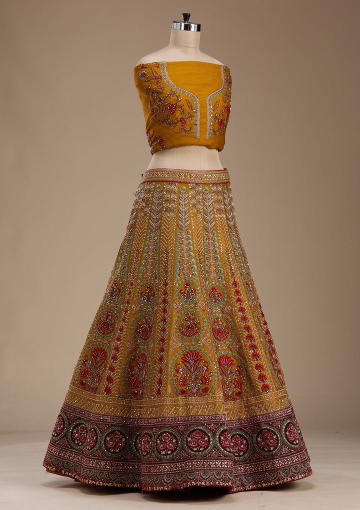 Mustard Zardosi Raw Silk Semi-Stitched Lehenga-koskii