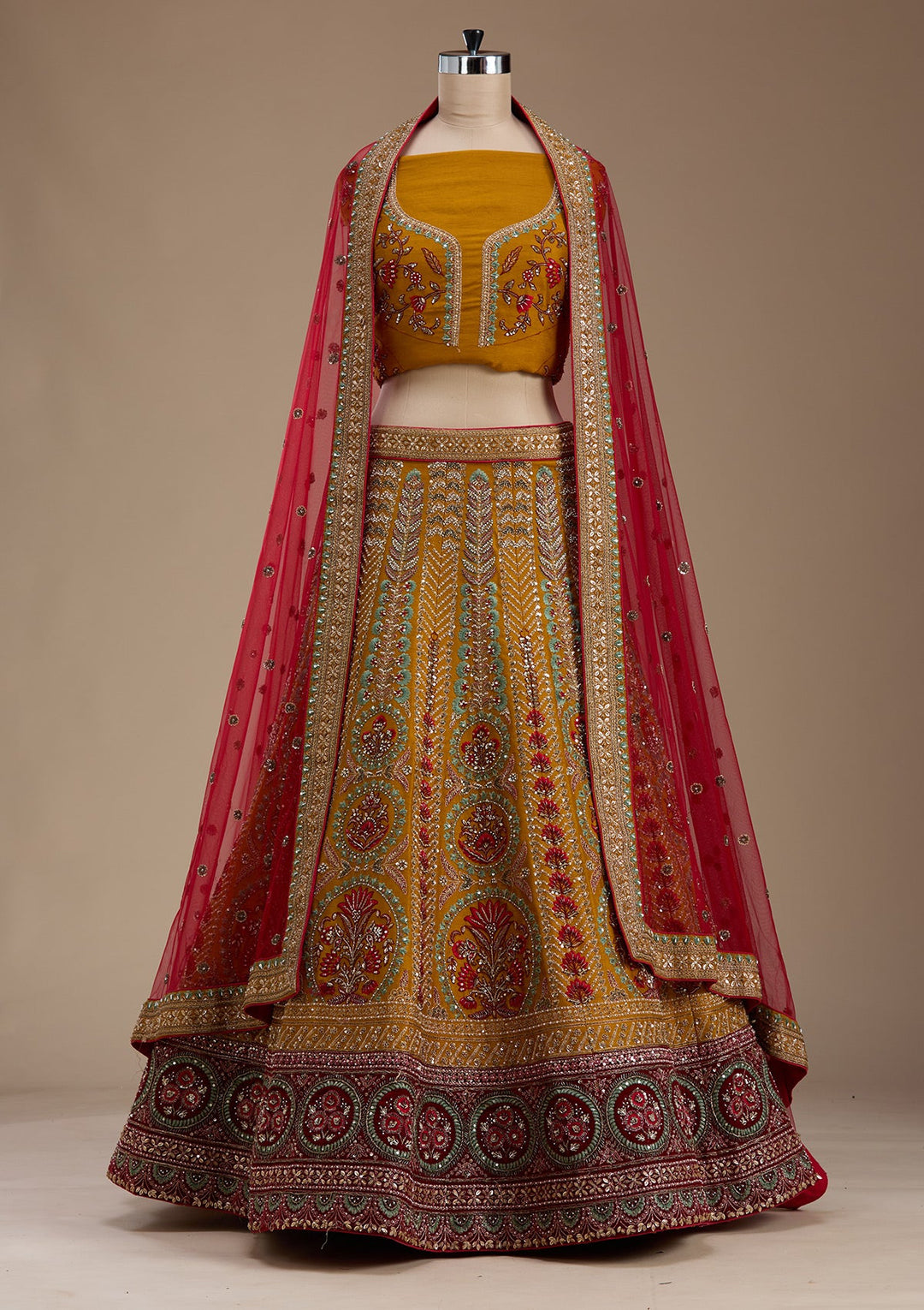 Mustard Zardosi Raw Silk Semi-Stitched Lehenga-koskii