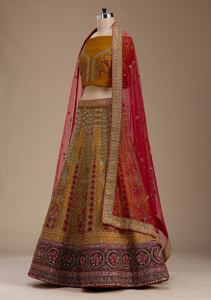 Mustard Zardosi Raw Silk Semi-Stitched Lehenga-koskii