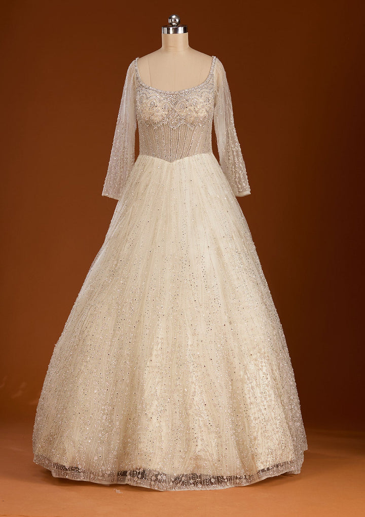 Cream Silver Stonework Net Readymade Lehenga-koskii