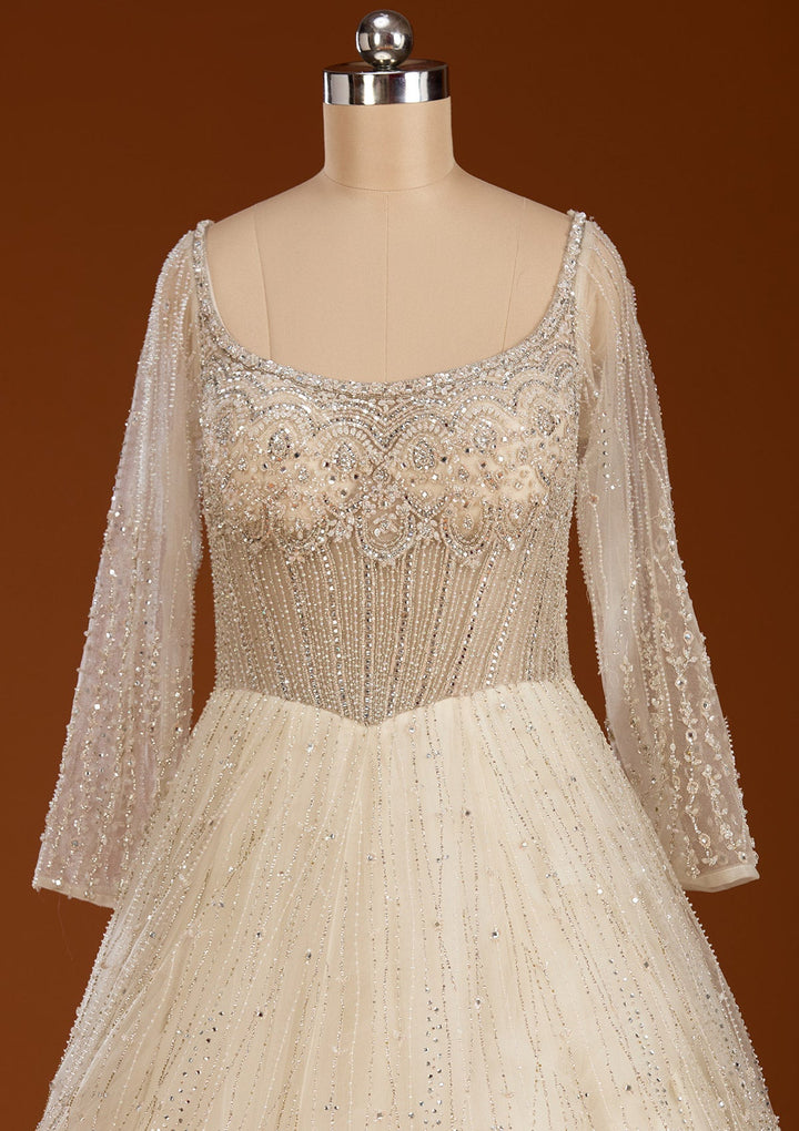 Cream Silver Stonework Net Readymade Lehenga-koskii