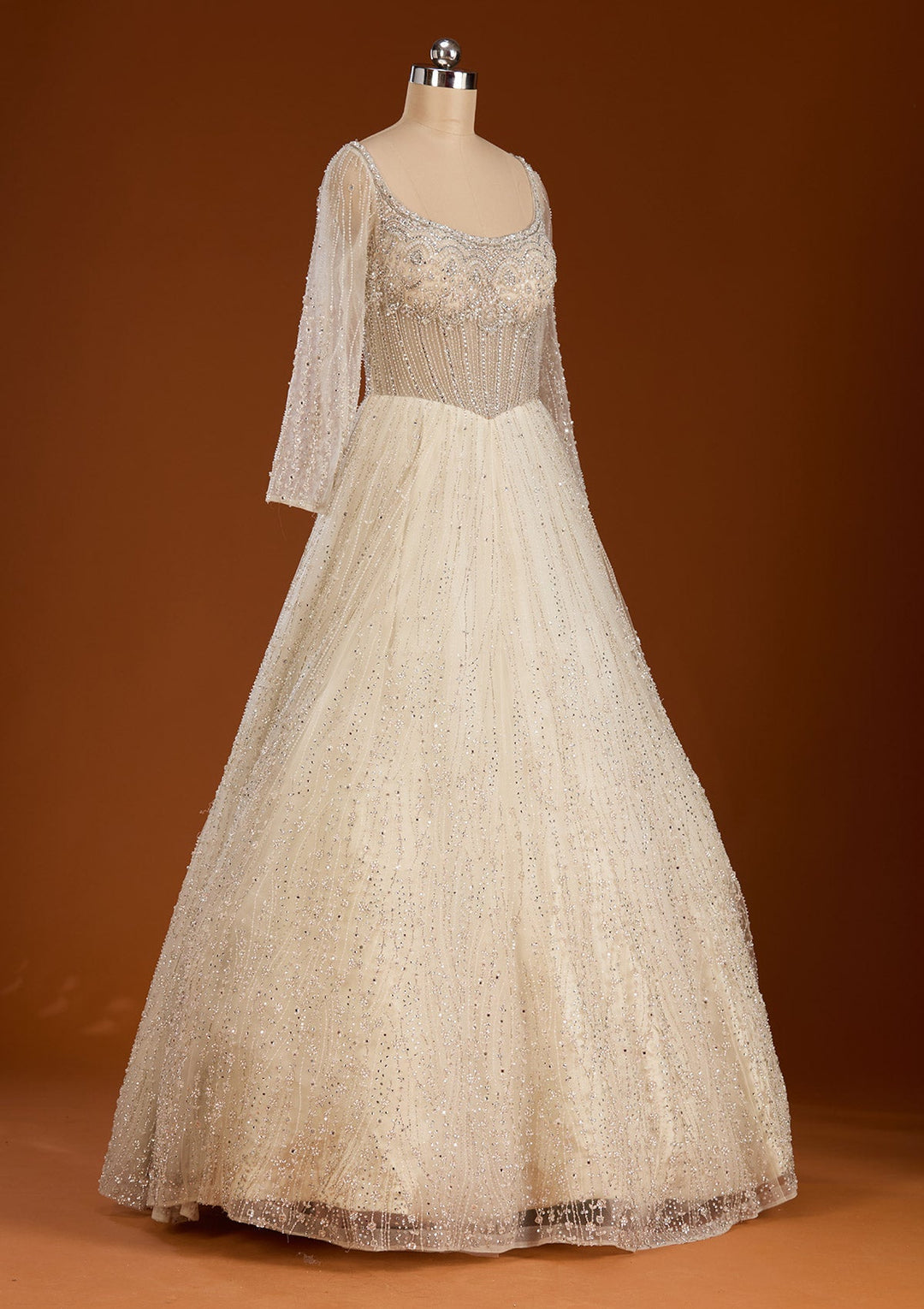 Cream Silver Stonework Net Readymade Lehenga-koskii