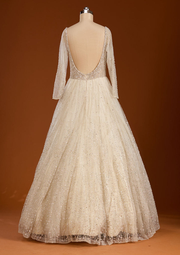 Cream Silver Stonework Net Readymade Lehenga-koskii