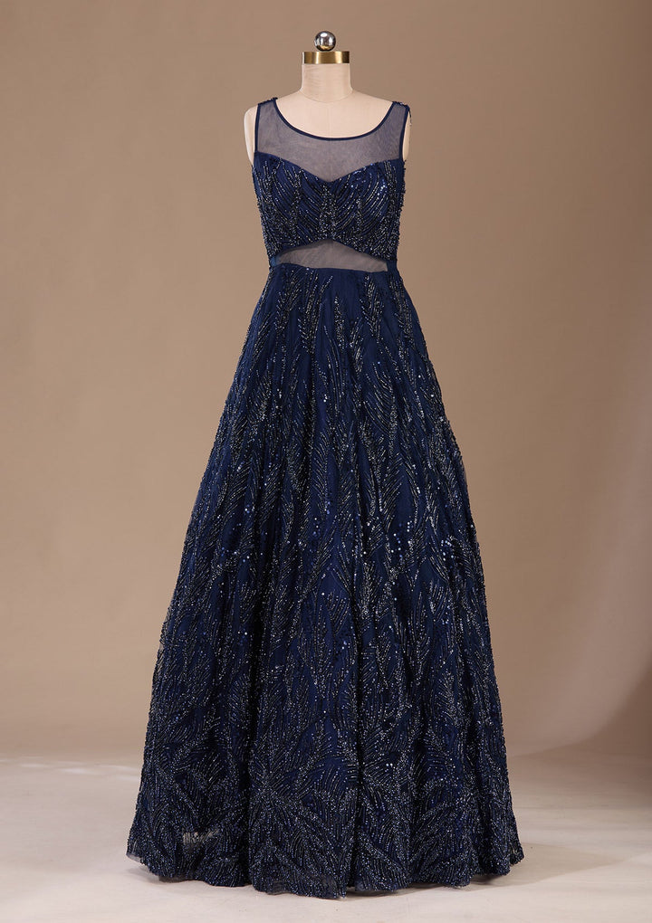 Navy Blue Cutdana Net Readymade Lehenga-Koskii