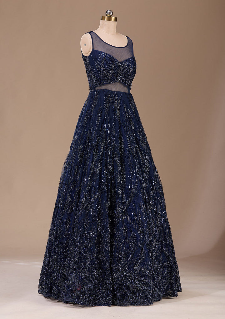 Navy Blue Cutdana Net Readymade Lehenga-Koskii