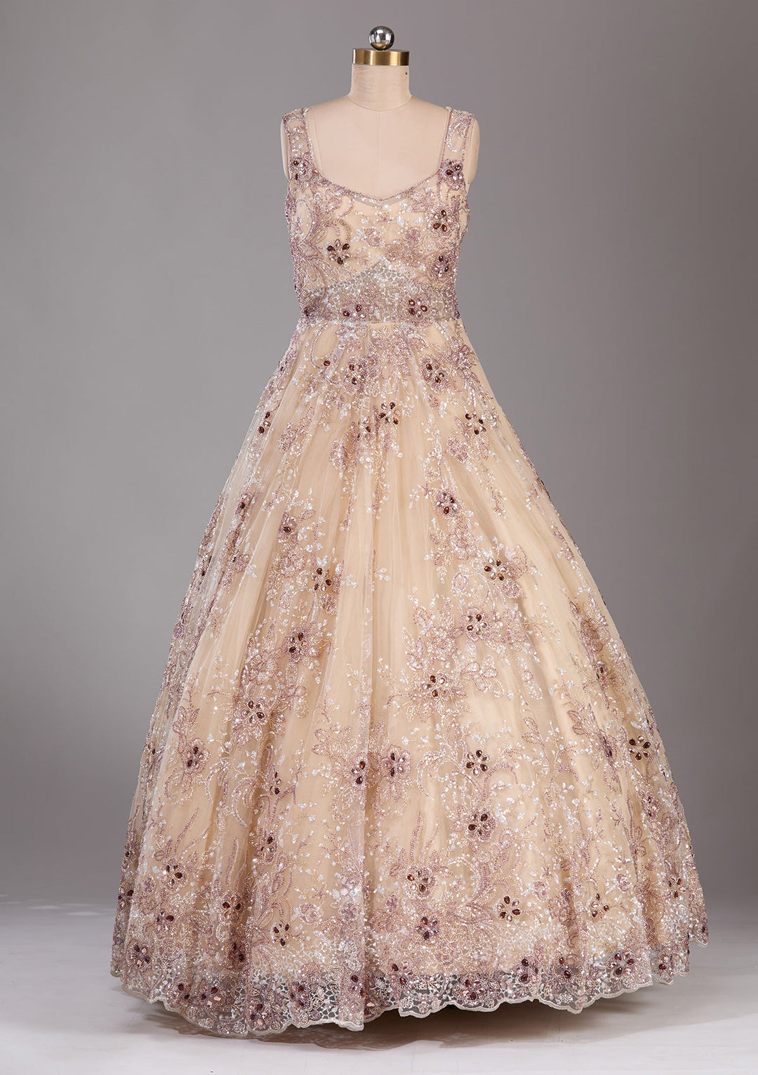 Beige Stonework Net Readymade Lehenga-Koskii