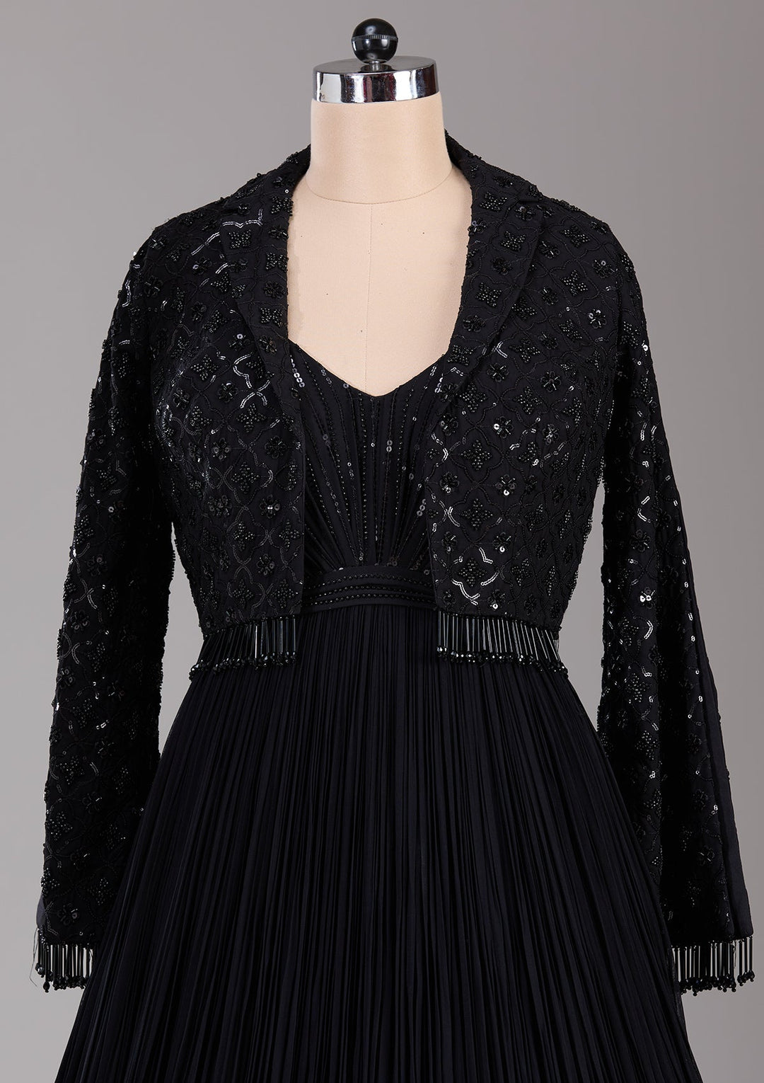 Black Stonework Satin Readymade Lehenga-Koskii