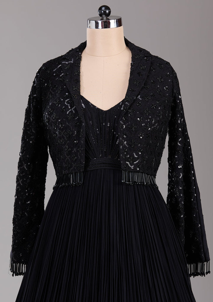 Black Stonework Satin Readymade Lehenga-Koskii