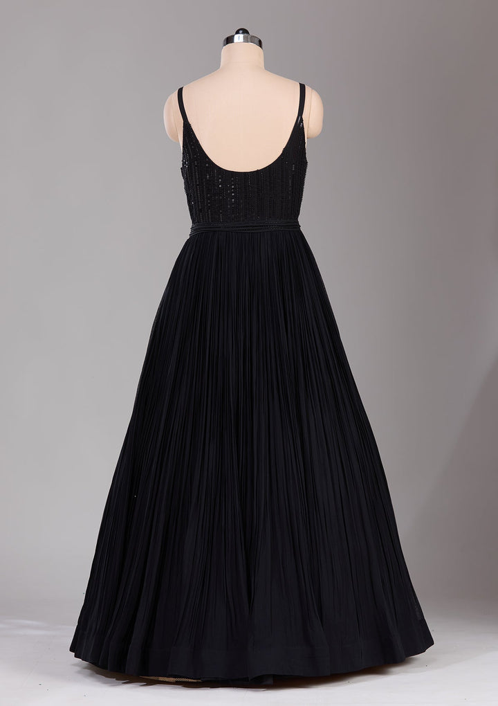 Black Stonework Satin Readymade Lehenga-Koskii