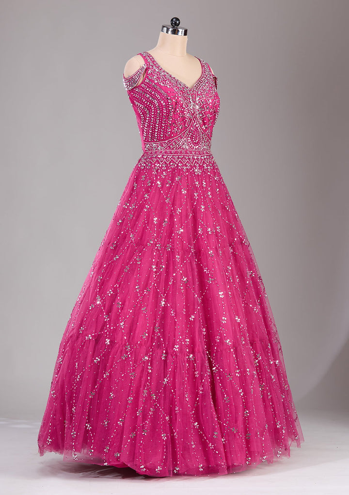 Magenta Pink Sequins Net Readymade Lehenga-Koskii