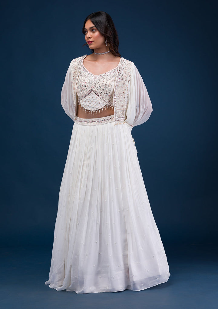 Cream Mirrorwork Georgette Readymade Lehenga-Koskii