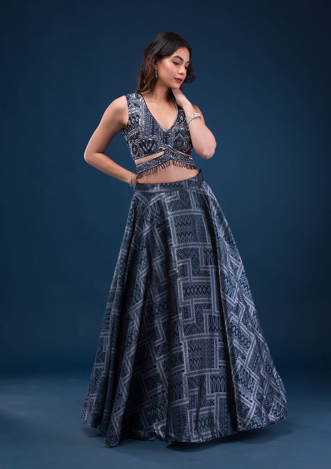 Black Sequins Semi Crepe Readymade Lehenga-Koskii