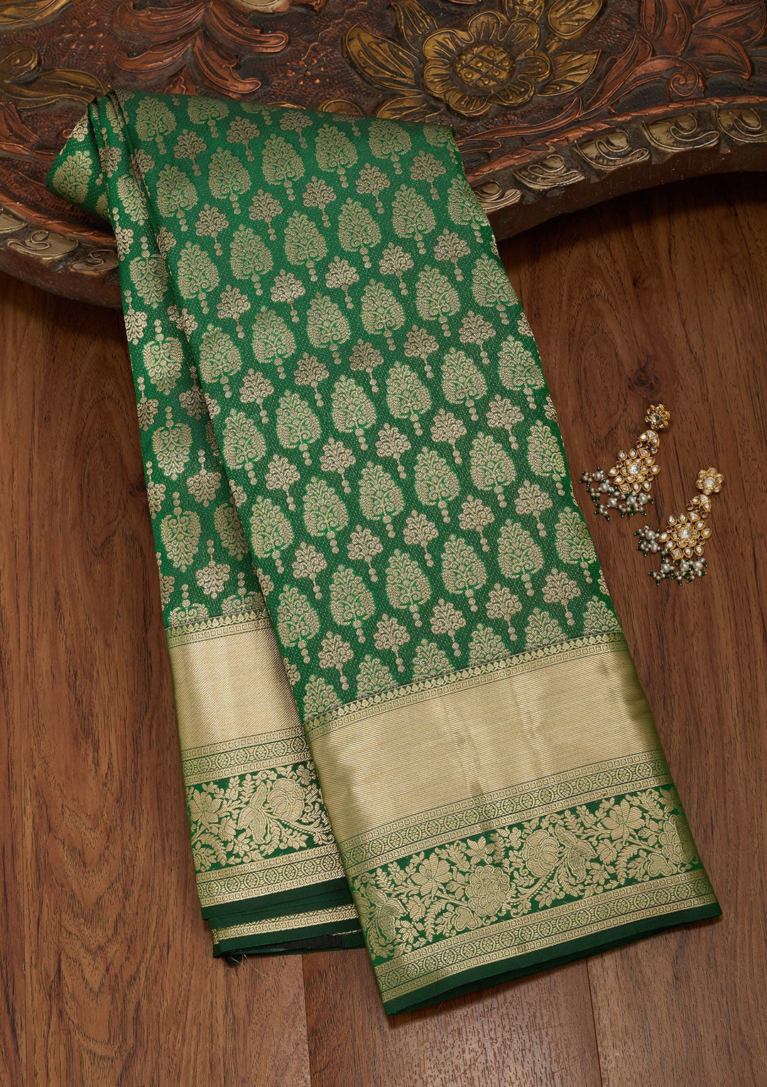 Bottle Green Zariwork Silk Saree-koskii