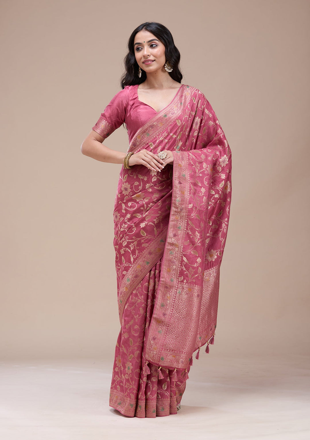 Peach Zariwork (Gold) Banarasi Silk Saree-koskii