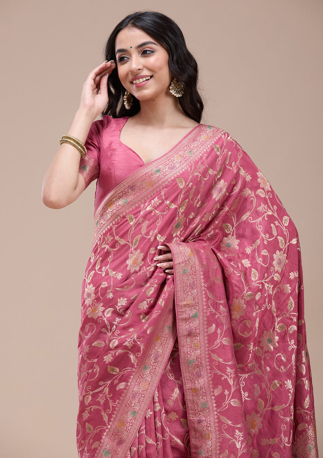 Peach Zariwork (Gold) Banarasi Silk Saree-koskii