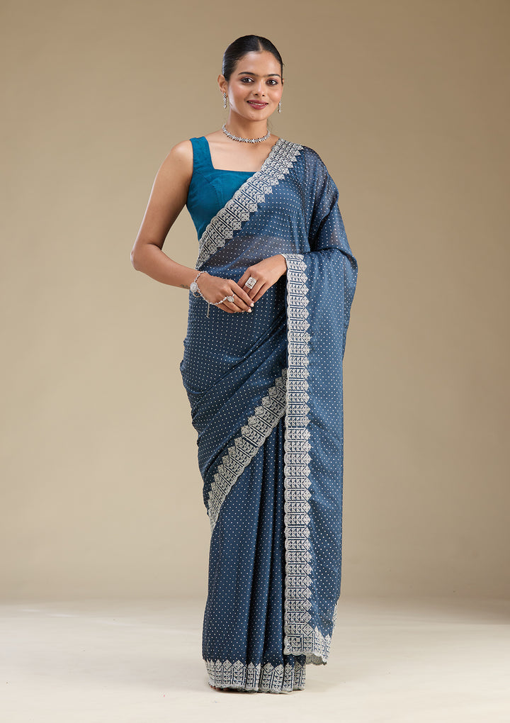 Peacock Blue Zariwork Satin Saree