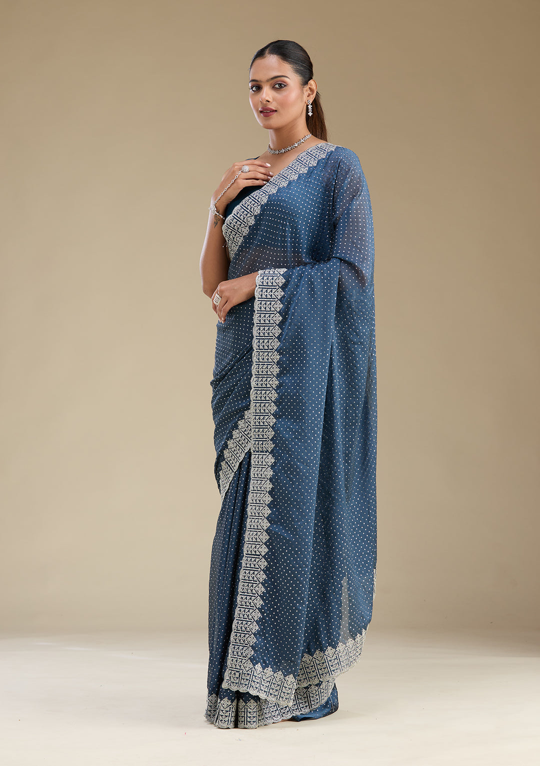 Peacock Blue Zariwork Satin Saree
