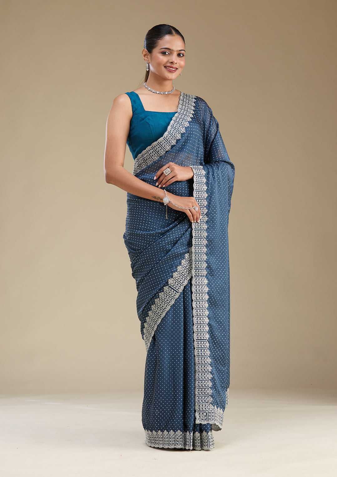 Peacock Blue Zariwork Satin Saree