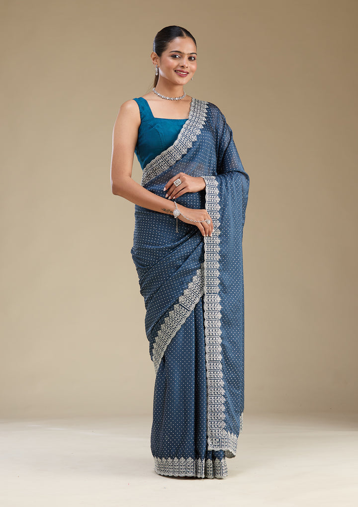 Peacock Blue Zariwork Satin Saree