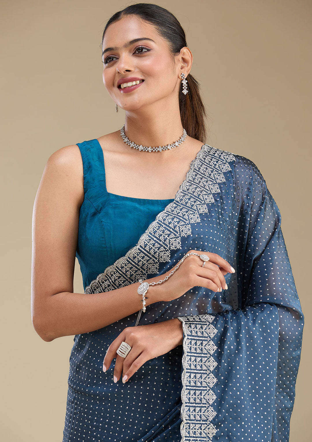 Peacock Blue Zariwork Satin Saree