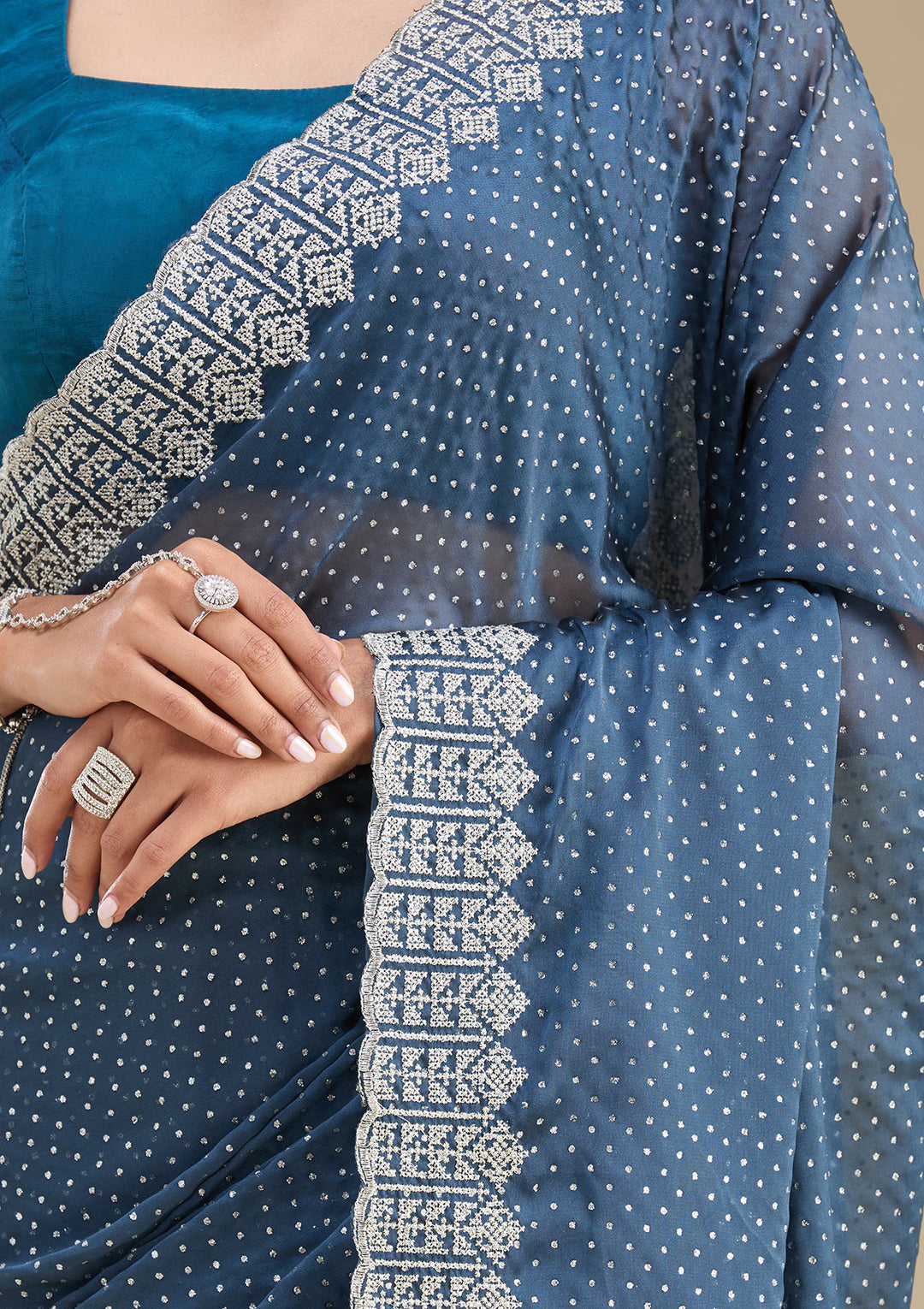 Peacock Blue Zariwork Satin Saree