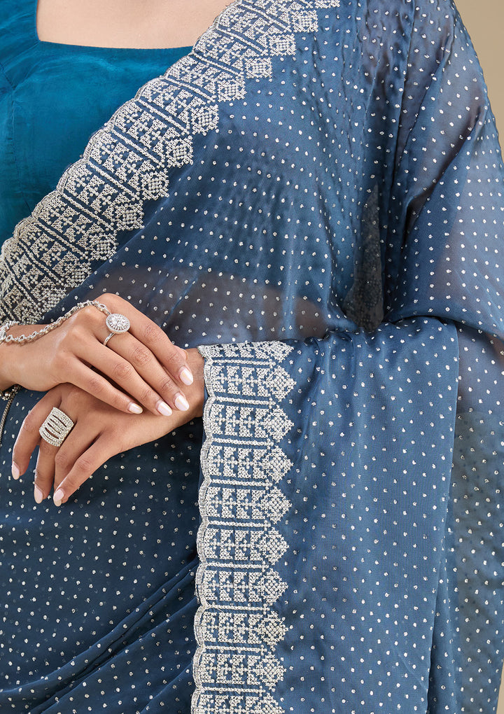 Peacock Blue Zariwork Satin Saree