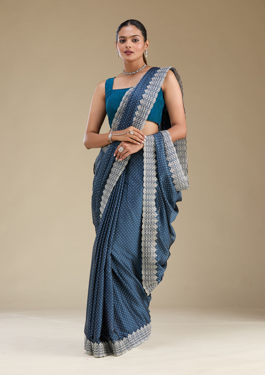 Peacock Blue Zariwork Satin Saree