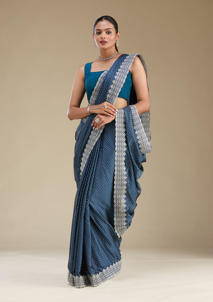 Peacock Blue Zariwork Satin Saree