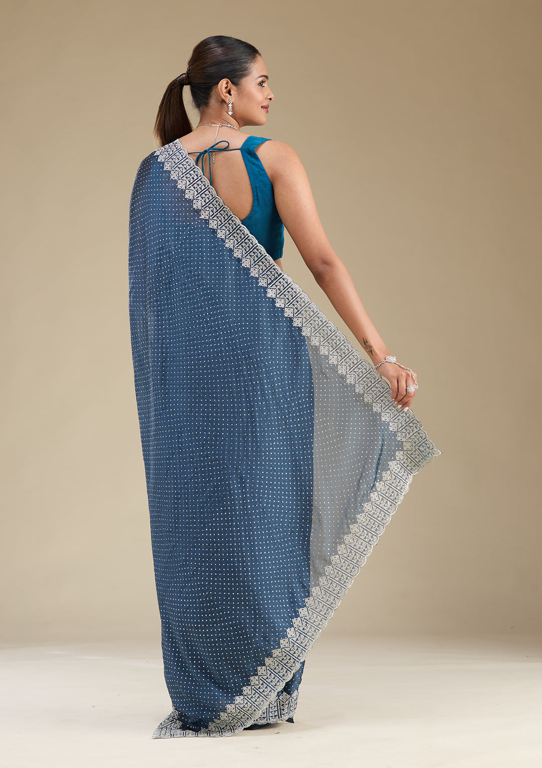 Peacock Blue Zariwork Satin Saree