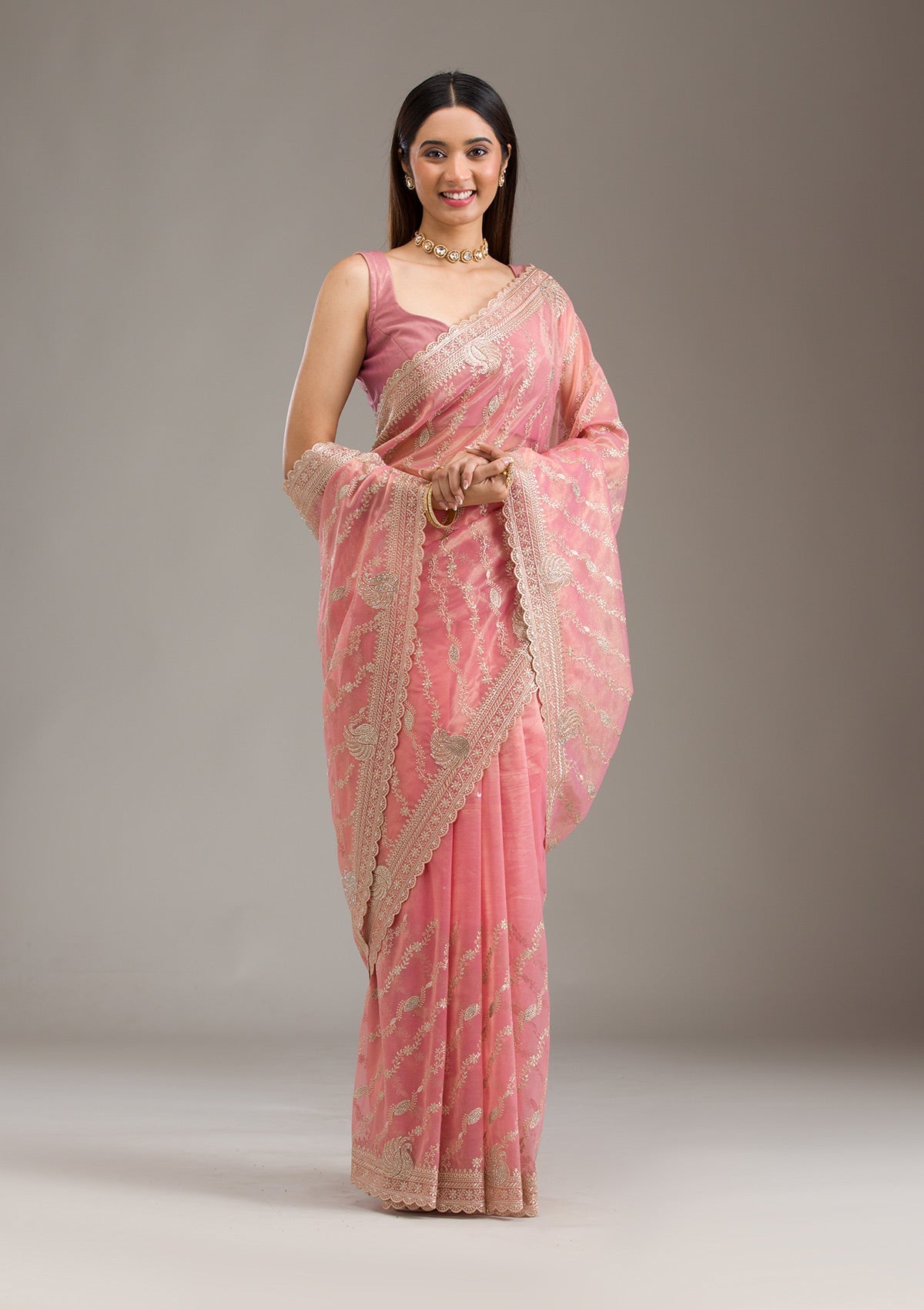 Buy Pink Zariwork Art Silk Saree - Koskii